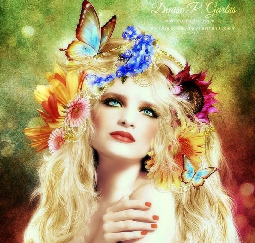~Flower Lady~, 色, 美しい女の子, デジタル アート, 蝶, 女性, コンセプチュアル, 唇, 蝶のデザイン, 目, 人々が身に着けている奇妙なもの, 創造的な既成品, 四季を愛する, ファンタジー, かわいい, 操作, モデル, 女の子, 花、美しい、髪に花、髪、フローラ 高画質の壁紙