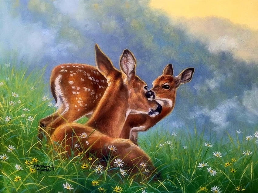 ..Snuggle Meadows.., 牧草地, 絵画, 寄り添う, 夏, 四季を愛する, 子鹿, 動物, 鹿, ドローイング アンド ペイント, 花 高画質の壁紙
