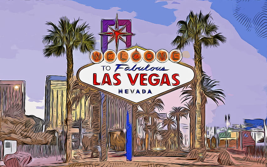 Las Vegas, , sztuka wektorowa, rysunek Las Vegas, sztuka twórcza, sztuka Las Vegas, rysunek wektor, abstrakcyjny pejzaż, pejzaż Las Vegas, Nevada, USA, znak Las Vegas Tapeta HD