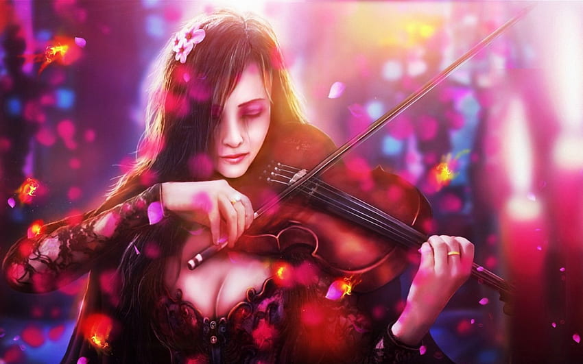Magical music, pink, magic, music, fantasy, girl, violin, woman HD wallpaper