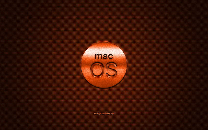 MacOS logo, orange shiny logo, MacOS metal emblem, orange carbon fiber texture, MacOS, brands, creative art HD wallpaper