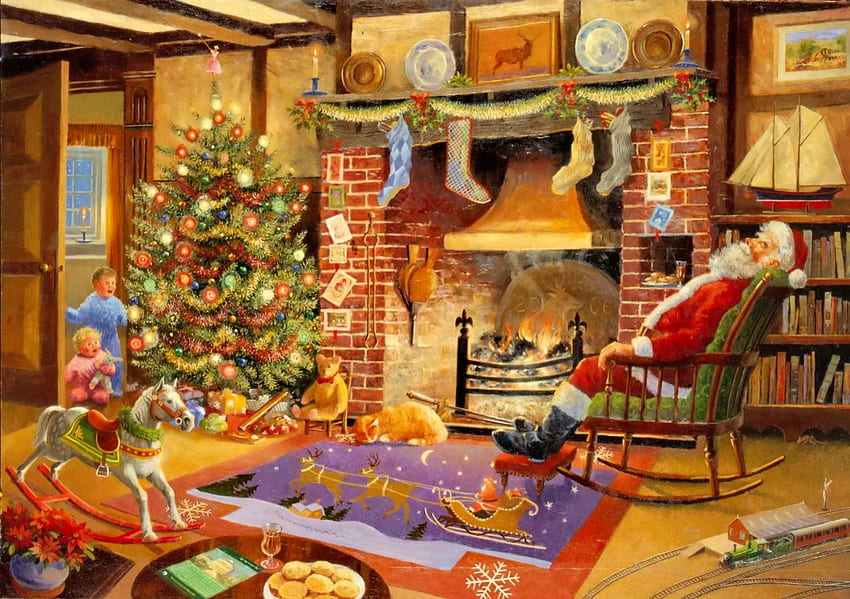 Caught napping, winter, toys, room, house, gifts, fireplace, beautiful, napping, sleeping, tree, decoration, holiday, funny, stocking, santa, home HD wallpaper