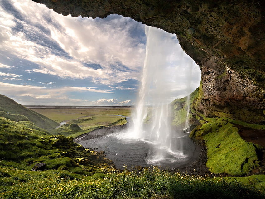 Duch wody, Zieleń, Trawa, Islandia, Nie mogę wymyślić czwartego, Wodospad, Jaskinia Tapeta HD