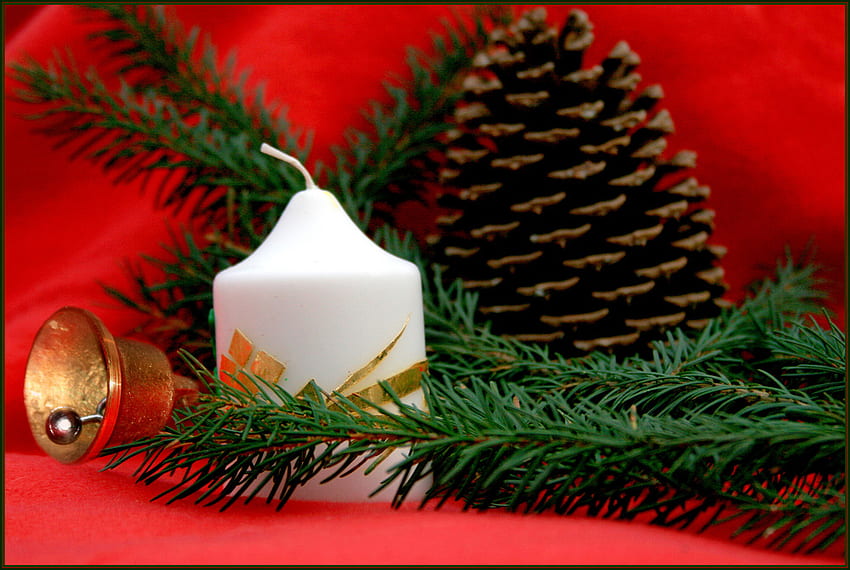 Christmas Candle, bell, still life, white, pine, candle, christmas decoration, beautiful HD wallpaper