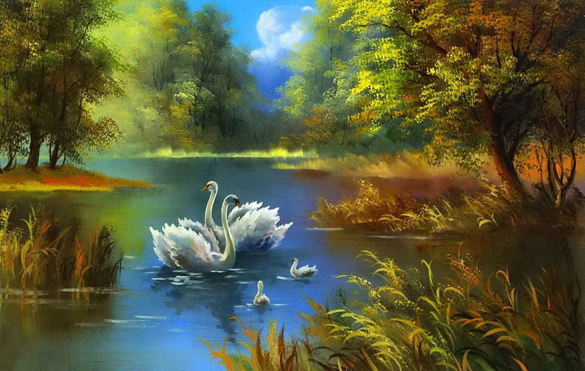 Swan Lake, swans, artwork, painting, pair, chicks, trees HD wallpaper