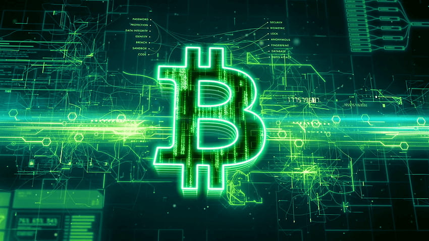 Abstrakte Animation des Bitcoin-Währungszeichens im digitalen Cyberspace HD-Hintergrundbild