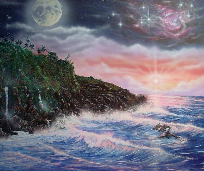 SUN~MOON AND STARS, DOLPHINS, SKY, OCEAN, STARS, WAVES, 絵画, MOON, SUN 高画質の壁紙