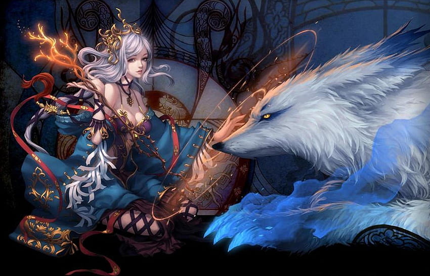 Sorceress Summons, animal, sorceress, long hair, wolf, fur, tiara, white hair, scepter, female HD wallpaper