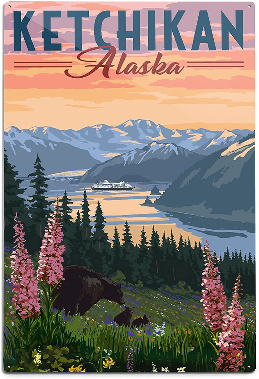 Ketchikan, Alaska, Inside Passage, Bear and Spring Flowers 86138 (ПОДПИСАН печат Master Art Print, Wall Decor Poster): Плакати и щампи, Ketchikan Alaska HD тапет за телефон