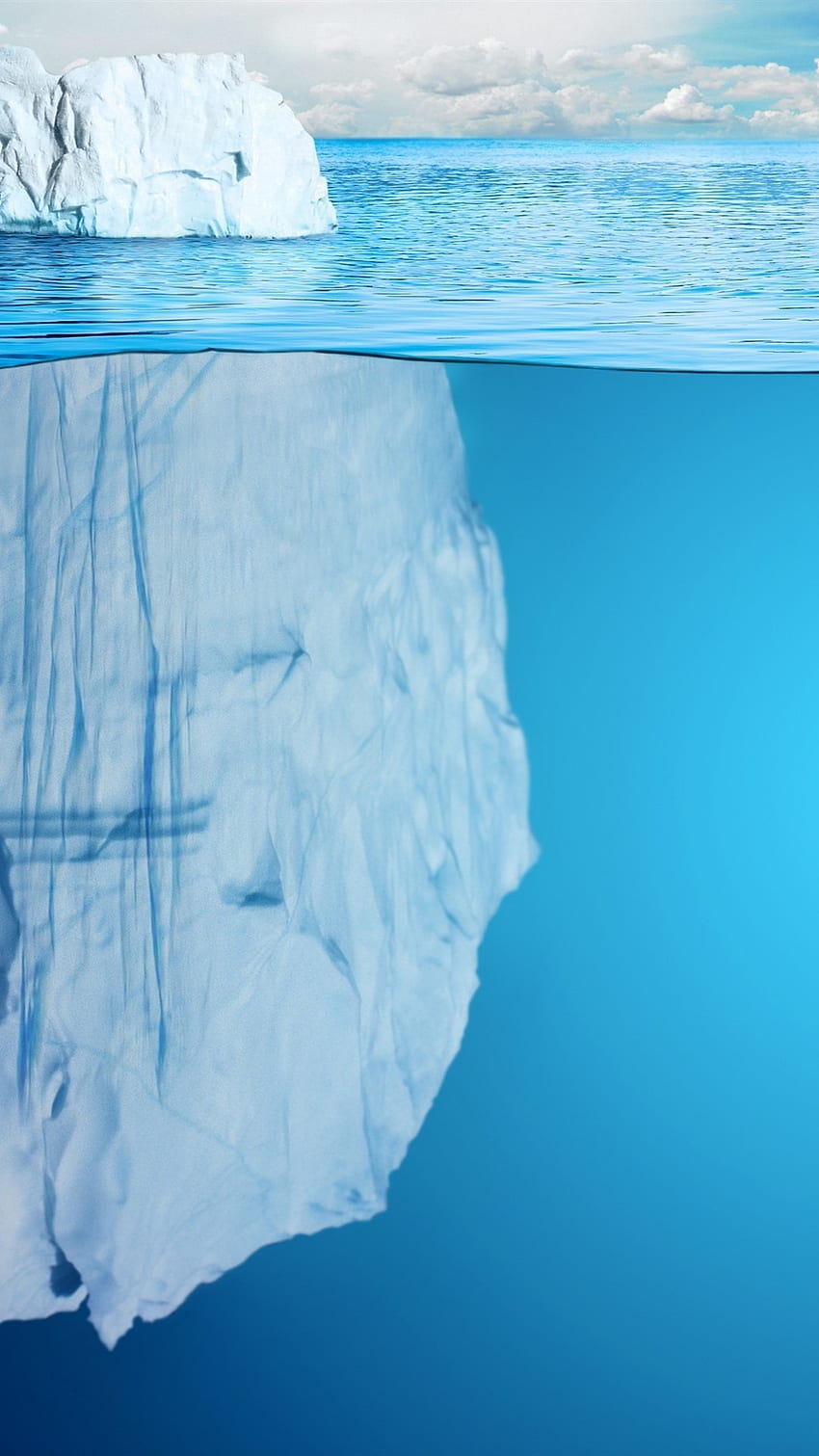 Icebergs, mar azul, bajo el agua: glaciares por encima y por debajo fondo de pantalla del teléfono