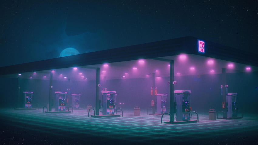 Tankstelle minimalistisch. Gas, Nacht, Ästhetik Neon HD-Hintergrundbild