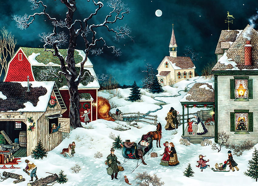 Moonlit Winter, musim dingin, Desember, seni, Cantik, ilustrasi, karya seni, pemandangan, kesempatan, layar lebar, liburan, lukisan, Natal, salju Wallpaper HD