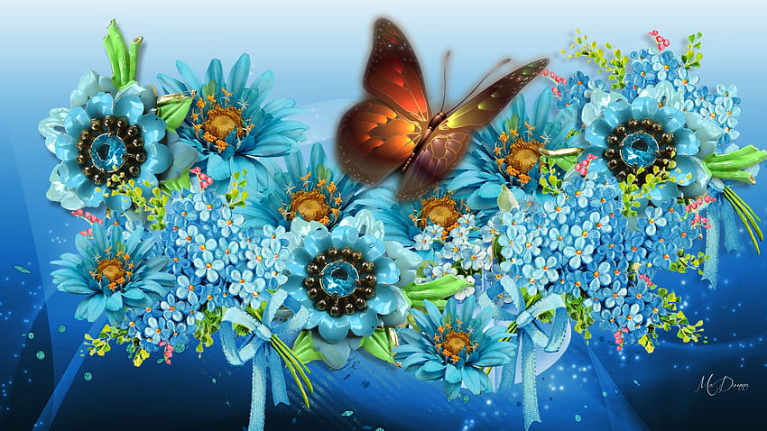 Blossoms Blue Butterfly Bright, blue, glow, floral, cyan, spring, Firefox Persona theme, summer, butterfly, flowers HD wallpaper