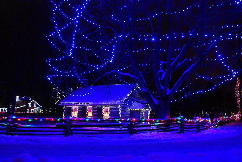 décembre bleu, hiver, bleu, lumières, neige, noël, maison, arbre Fond d'écran HD