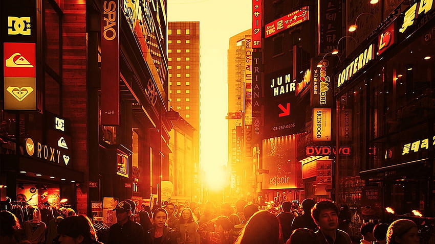 서울 보행자 일몰 도시 대한민국 거리 주황색 햇빛 - 해상도: HD 월페이퍼
