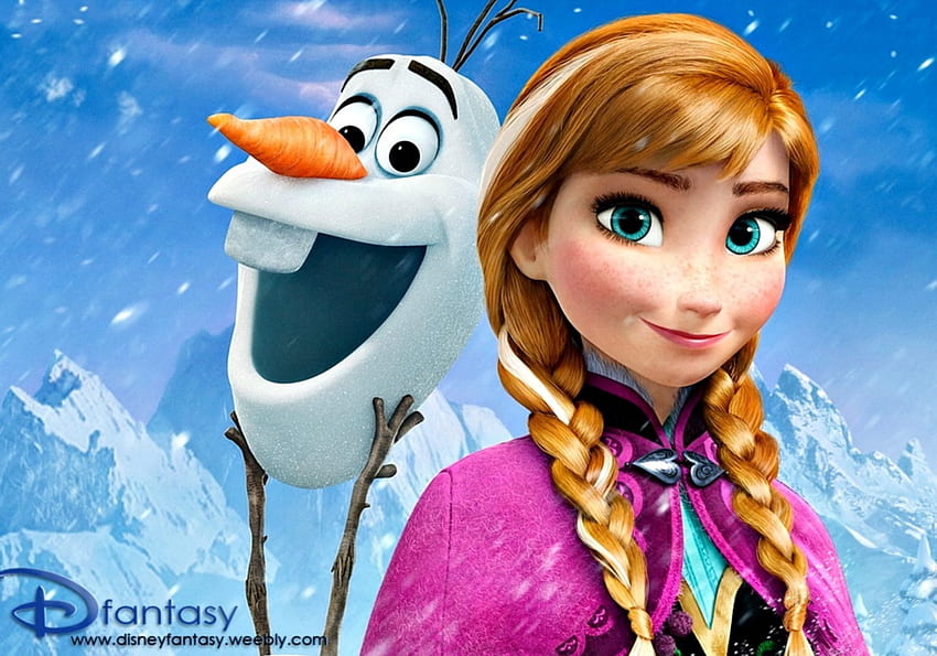 Olaf and Anna, blue, winter, white, frozen, blonde, disney, girl, pink, anime, movie, princess, anna, olaf HD wallpaper