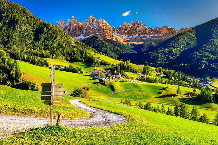 Paisaje alpino, Alpes, dolomitas, camino, pendiente, pradera, Italia, primavera, montaña, verano, pueblo fondo de pantalla