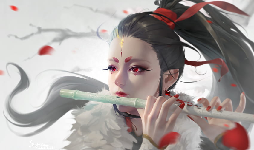 The flute singer, flute, fuuym, hand, instrument, fantasy, red, face, luminos, ruby eyes, creature HD wallpaper