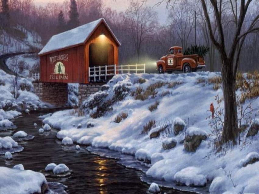 December, winter, covered, snow, christmas, bridge, road, truck, tree HD wallpaper