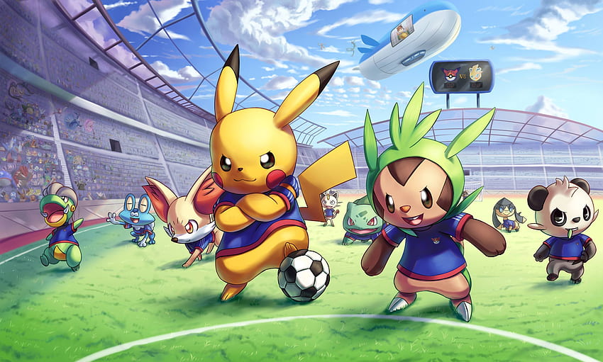 Charachters from Pokemon playing soccer Anime, Football Anime HD wallpaper