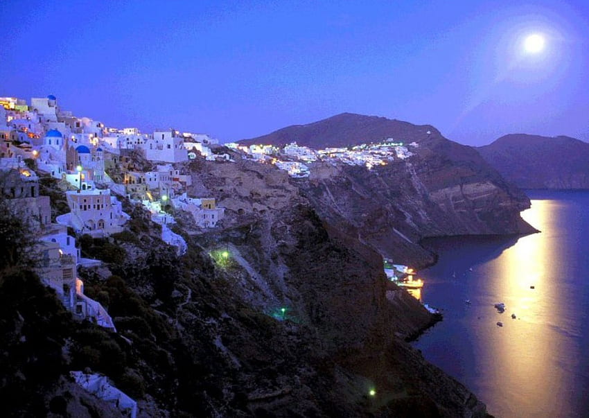Sorgere della luna sull'isola di Santorini, Grecia, luna, sorgere della luna, isole Sfondo HD