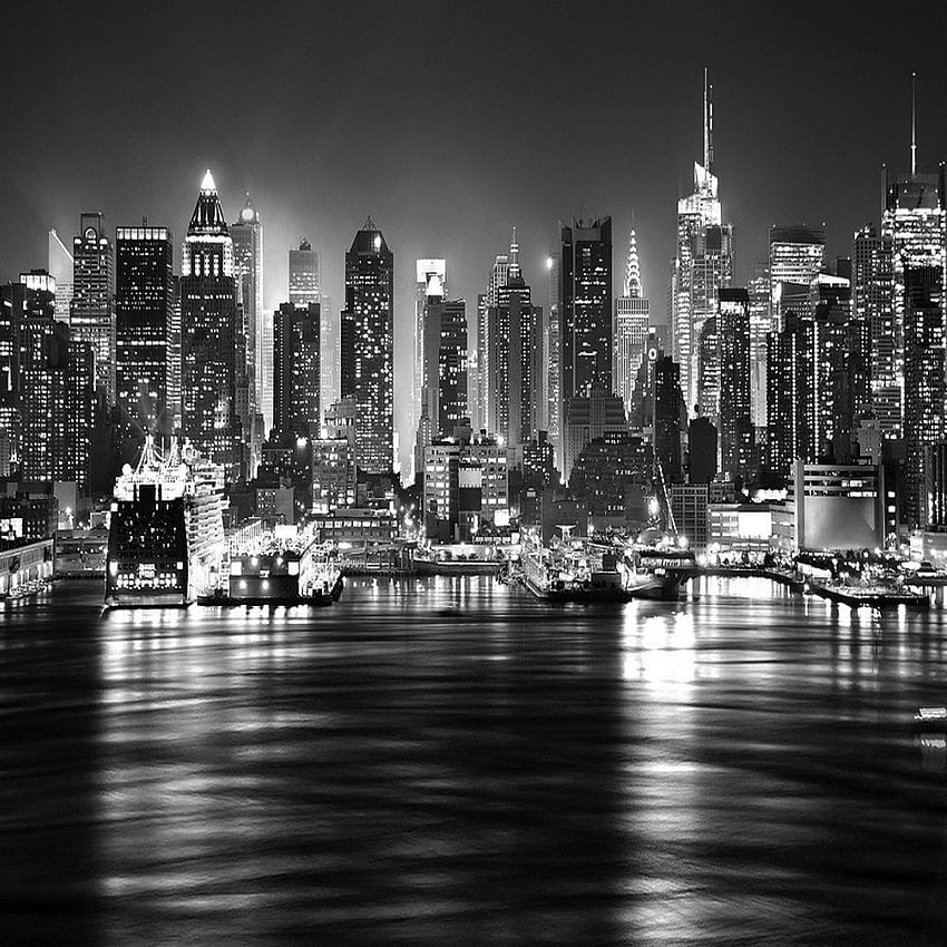 뉴욕시 밤 스카이라인 뷰 흑백 벽화, 1950년대 도시 HD 전화 배경 화면