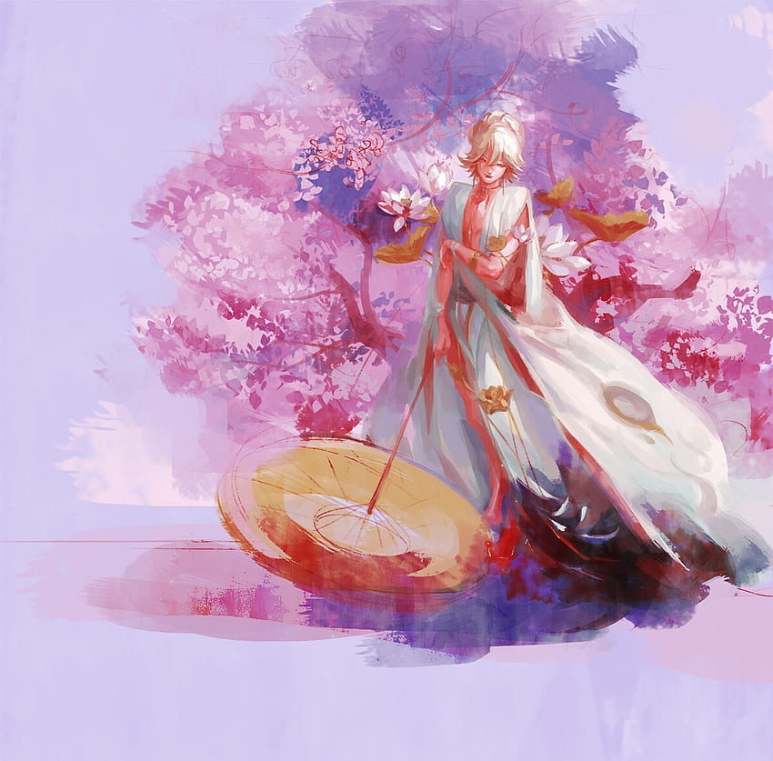 Fantasy girl, parasol, girl, orange, toxic, art, theos zhang, spring, pink, fantasy, flower, sakura HD wallpaper