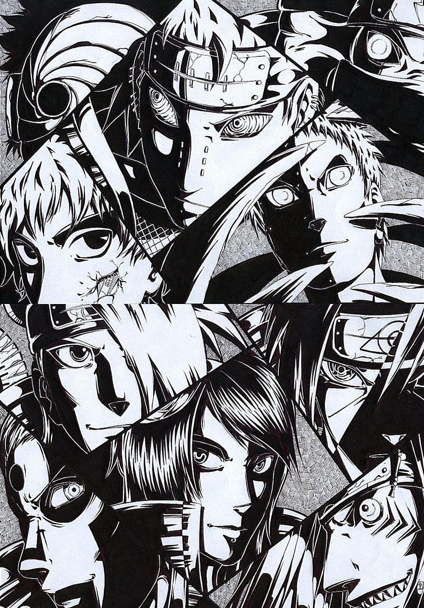 Uchiha Itachi, Konan, Deidara, Sasori, Pain und 5 - Akatsuki Schwarz und Weiß HD-Handy-Hintergrundbild