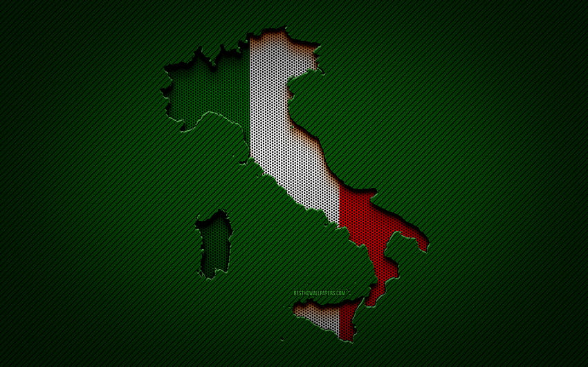 Карта на Италия, европейски държави, италианско знаме, зелен въглероден фон, силует на карта на Италия, флаг на Италия, Европа, италианска карта, Италия, флаг на Италия HD тапет