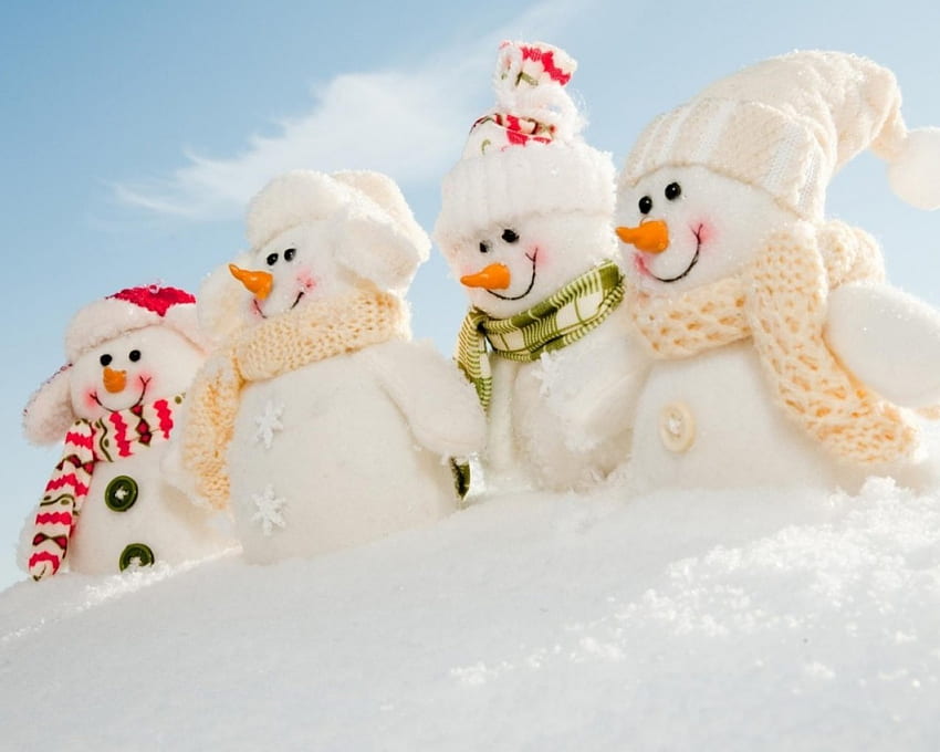 Four funny snowmen, winter, snowman, sunny, snow, four, snowmen, sky, cloud HD wallpaper