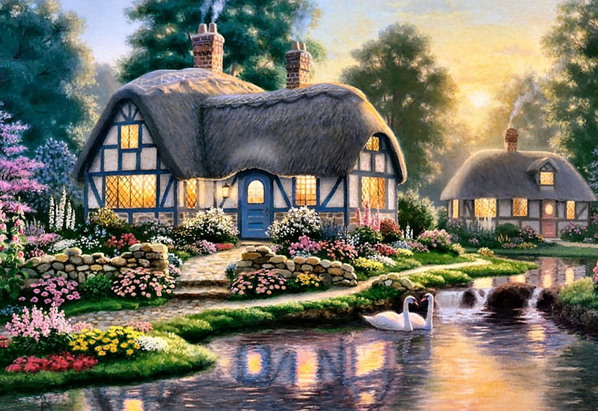 Swan Cottage F1, архитектура, изкуство, пейзаж, езеро, произведения на изкуството, природа, широк екран, лебеди, , вила, Tudor, вода HD тапет