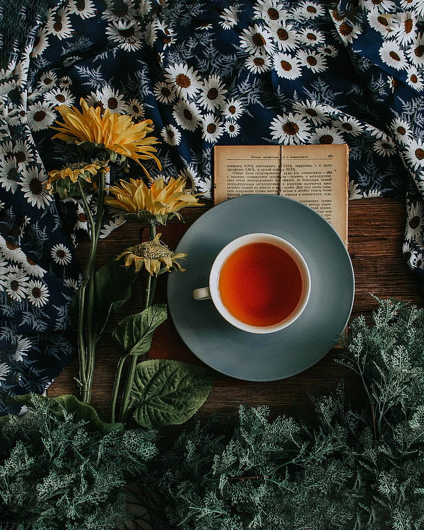: cup of tea on saucer, book, flower, flat lay, plant HD phone wallpaper