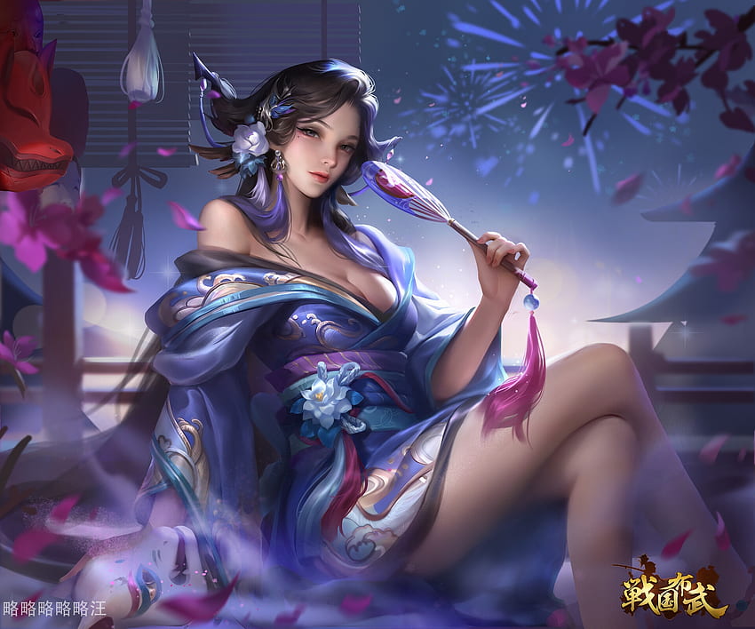 Chica de fantasía, fantasía, fuegos artificiales, azul, abanico, frumusete, yiqian zhang, niña fondo de pantalla