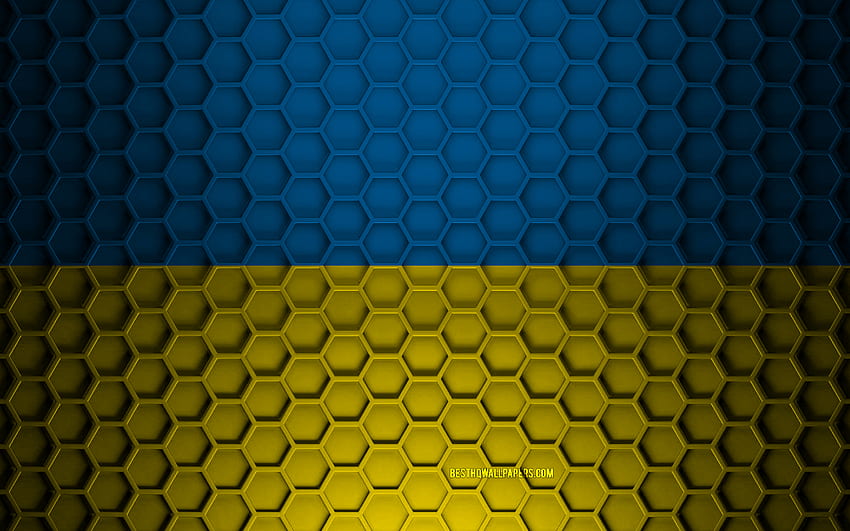 ธงยูเครน, รูปหกเหลี่ยม 3 มิติ, ยูเครน, พื้นผิว 3 มิติ, ธงยูเครน 3 มิติ, เนื้อโลหะ, ธงยูเครน วอลล์เปเปอร์ HD