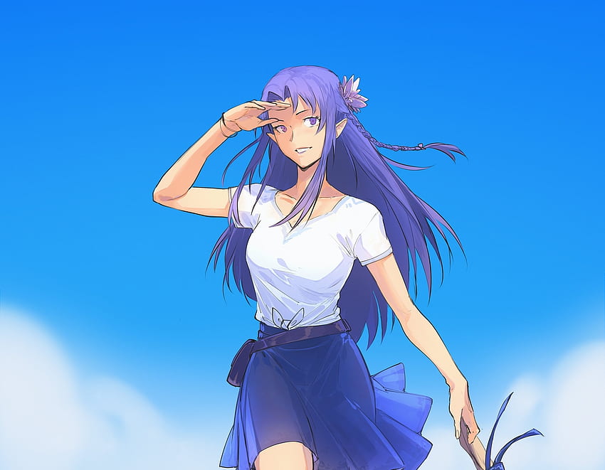 Original, anime girl at beach, violet hair HD wallpaper