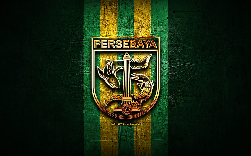 ФК Персебая, златно лого, Лига 1 на Индонезия, зелен метален фон, футбол, Индонезийски футболен клуб, лого на Персебая Сурабая, футбол, Персебая Сурабая HD тапет
