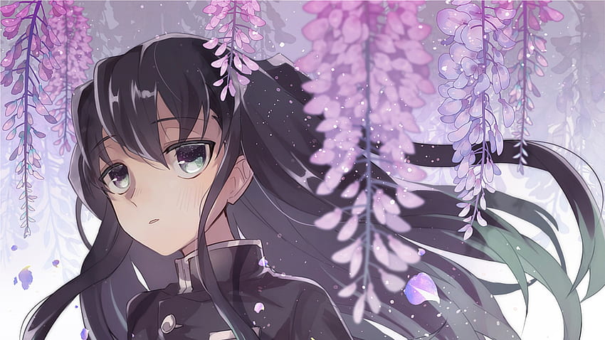 Demon Slayer Muichiro Tokito usando vestido preto com longos cabelos pretos ao redor de flores roxas Anime papel de parede HD