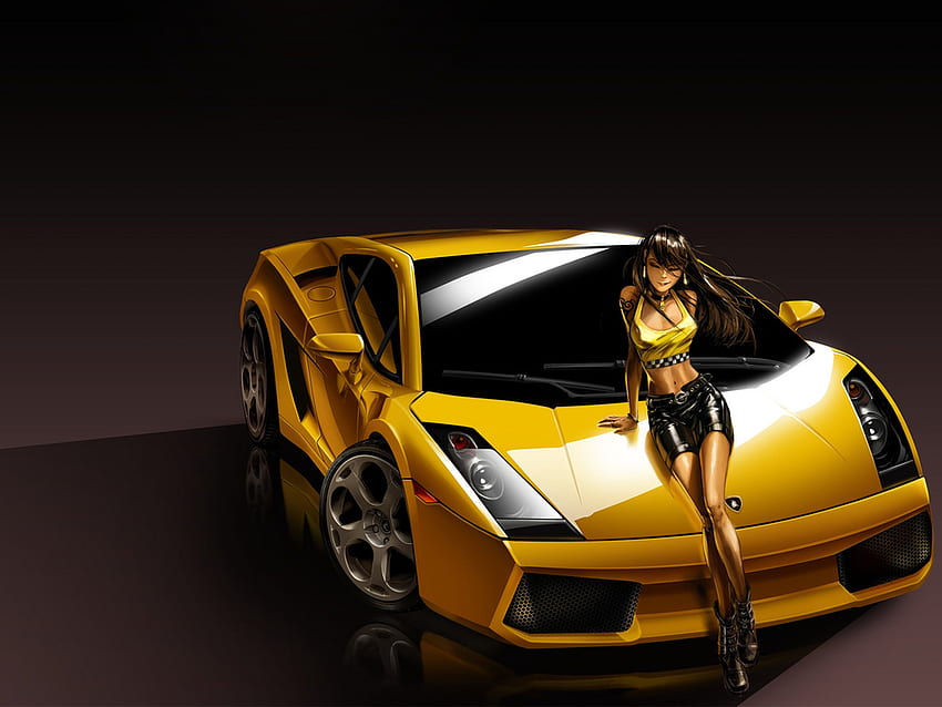 노란색 자동차와 소녀, 소녀, 애니메이션, 자동차, 노랑 HD 월페이퍼