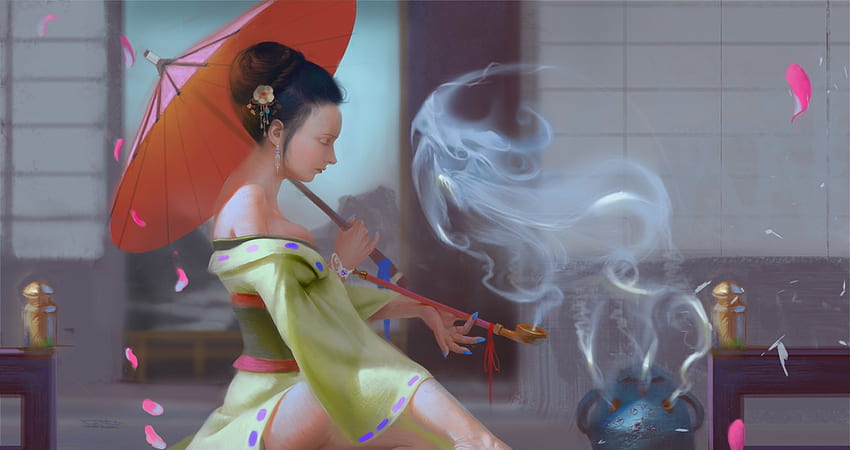 Geisha, umbrella, ph zhi, asian, art, girl, fantasy, red, smoke, luminos HD wallpaper