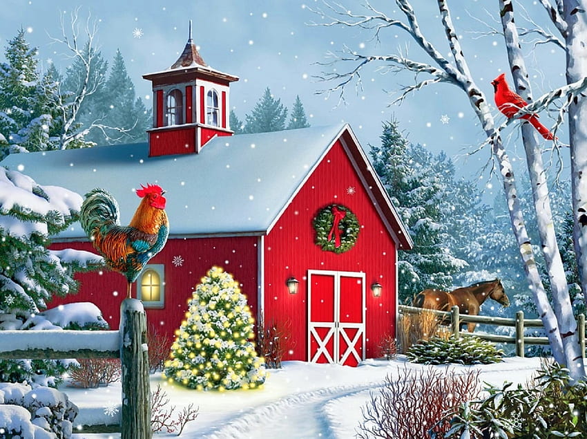 Winter Barn II, holidays, winter, barns, paintings, Christmas Trees, love four seasons, horses, Christmas, snow, xmas and new year, nature, cardinals HD wallpaper