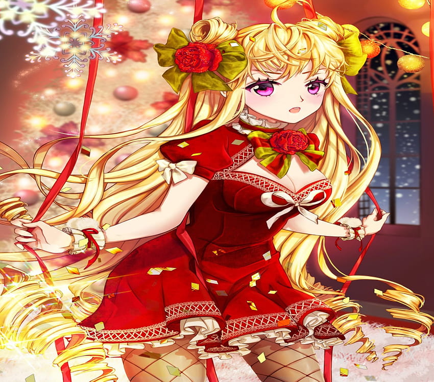 Christmas Party, night, blonde, cute, stars, long hair, gold, dress, beauty, rose, lady, snowflakes, flower, female, christmas tree, window, art, ribbon, girl, beautiful, woman, tie, anime, pretty, christmas, lights, red, lovely HD wallpaper