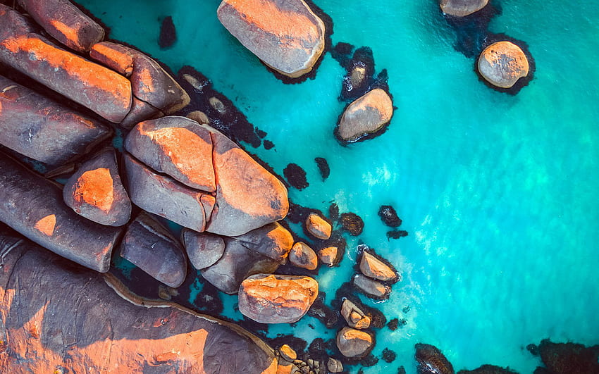 aerial view, stones, coast, blue water, summer, sea, beautiful nature, R, travel concepts HD wallpaper