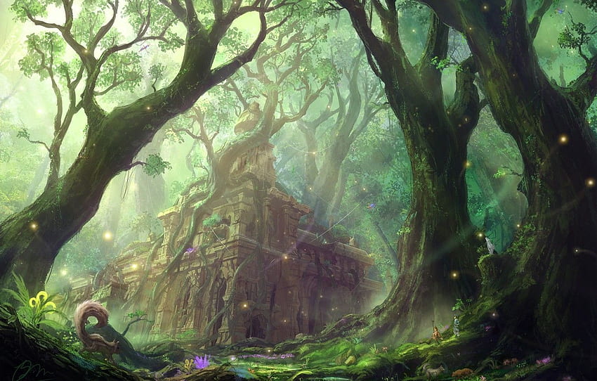 las, zamek, postać, białko, sztuka, ruiny, struktura dla , sekcja фантастика, Forest Palace Tapeta HD