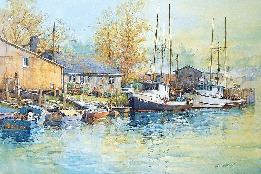 Ian Ramsay art, blue, boat, sea, ship, art, house, ian ramsay, seaport, painting, trees, water HD wallpaper