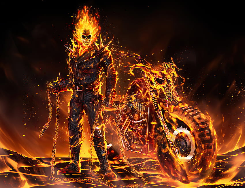 Fan Art Arte digitale Opera d'arte Pittura digitale Ghost Rider Fire Harley Davidson Skull Face Black Jacke - Risoluzione: Sfondo HD