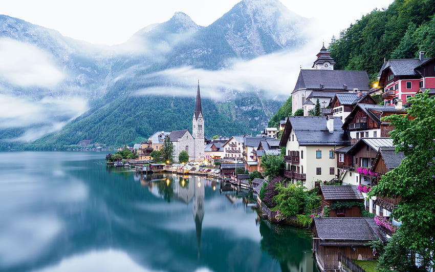 lake, mountains, village, hallstatt, austria ultra 16:10 background HD wallpaper