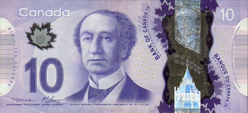 Канадската банкнота от десет долара. Текущата банкнота от десет долара е с доминиращ лилав цвят. Предната част включва банкнота с портрет на О. Долар, канадски монети, банкноти, канадска валута HD тапет
