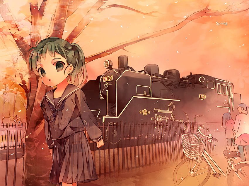 girl next to train, girl, train, bicycle, tree HD wallpaper