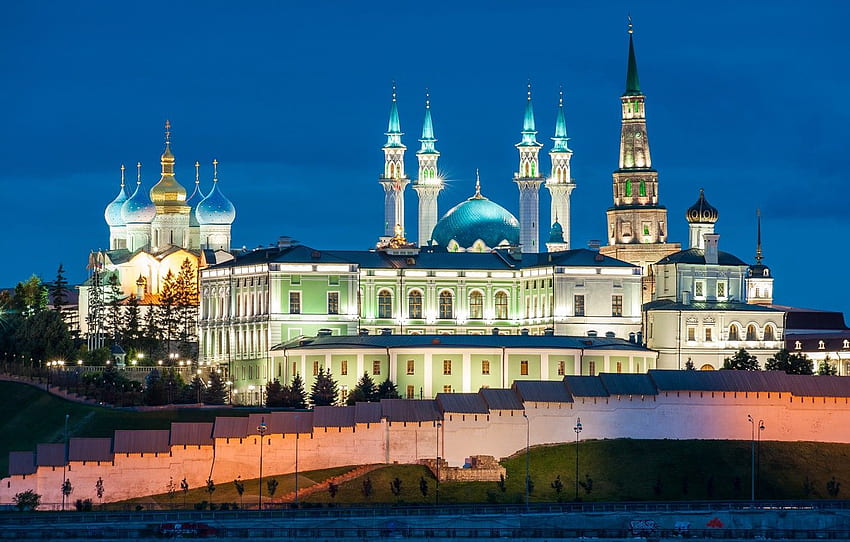 Lights, Lights, Church, Tower, The Kremlin, Mosque, Kazan, Tatarstan, Kul Sharif For , Section город HD wallpaper