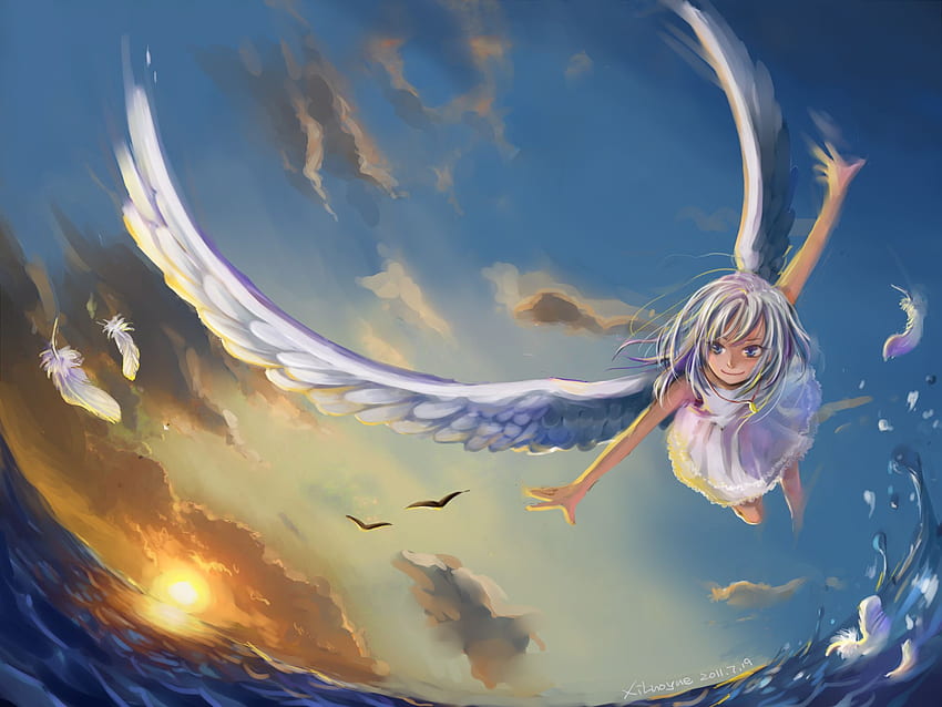 幻想鳥人。 女の子、天使、翼、海、Anime Angel Girl 高画質の壁紙